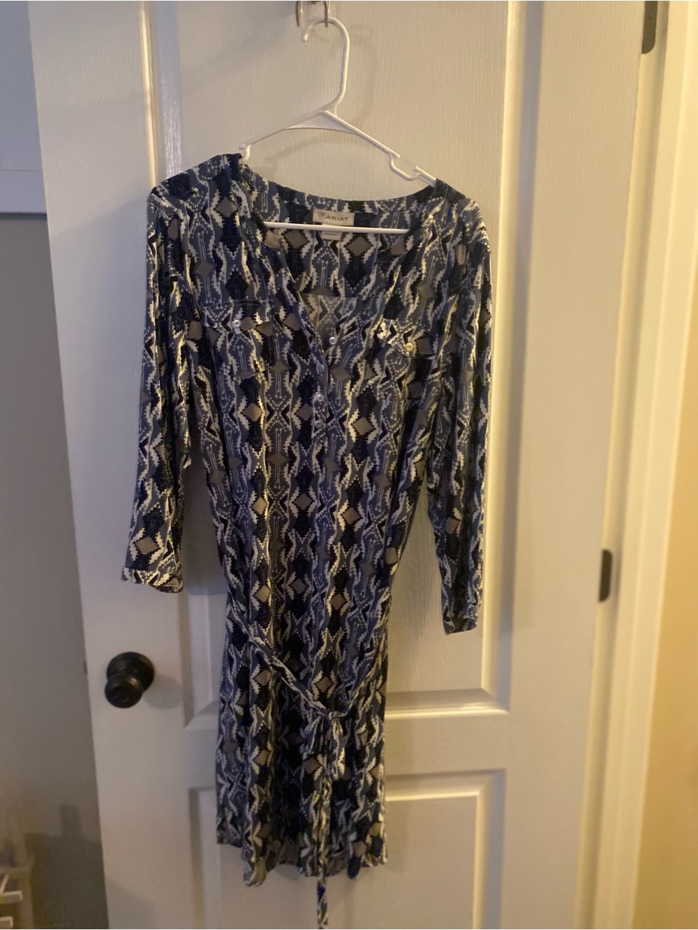 Ariat Blue Patterned Long Sleeve V-Neck Tie-Waist Dress